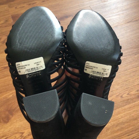 SCHUTZ  Veronika Black Suede Laura Strappy Cage Thick Heel Sandals - Picture 9 of 10